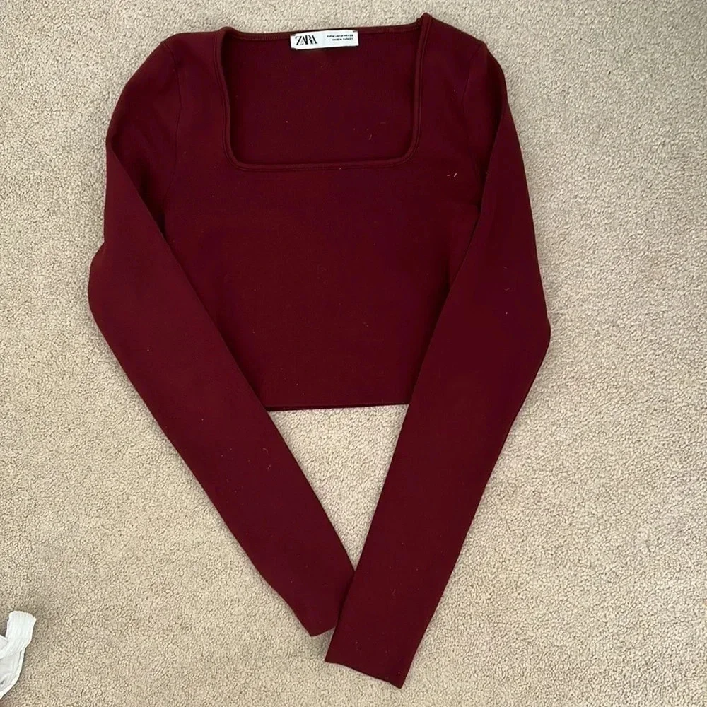 Zara cropped top size medium square neck maroon, red long sleeve